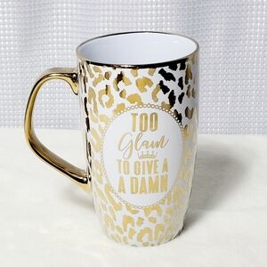 NWOT Bebe Gold and White “Too Glam To Give a Damn” Leopard Print Tall Mug